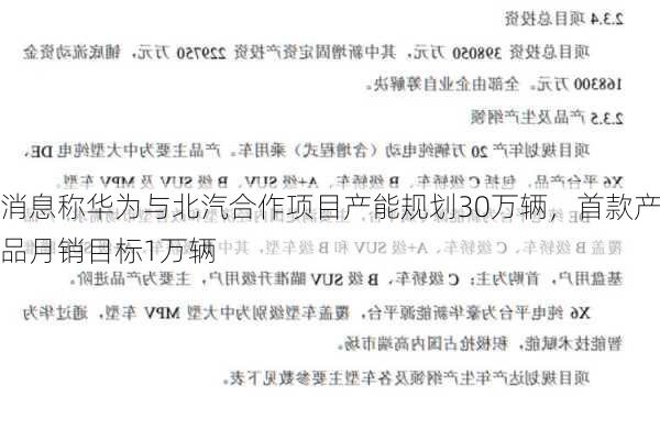 消息称华为与北汽合作项目产能规划30万辆，首款产品月销目标1万辆