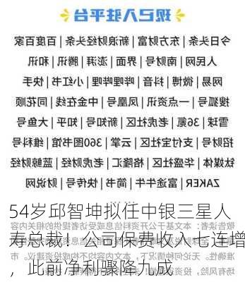 54岁邱智坤拟任中银三星人寿总裁！公司保费收入七连增，此前净利骤降九成