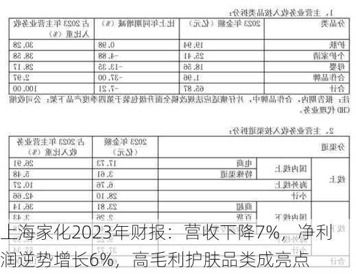 上海家化2023年财报：营收下降7%，净利润逆势增长6%，高毛利护肤品类成亮点