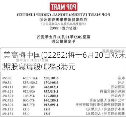 美高梅中国(02282)将于6月20日派末期股息每股0.243港元