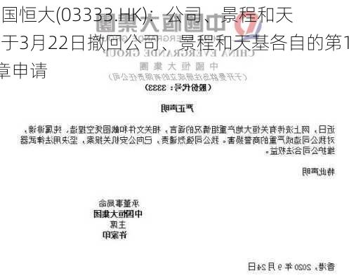 中国恒大(03333.HK)：公司、景程和天基于3月22日撤回公司、景程和天基各自的第15章申请