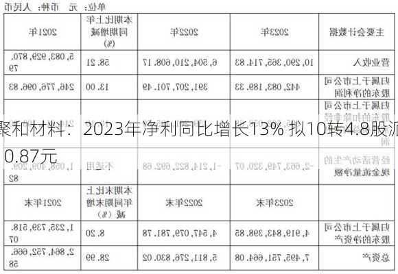 聚和材料：2023年净利同比增长13% 拟10转4.8股派10.87元