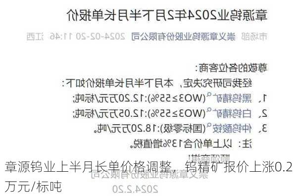 章源钨业上半月长单价格调整，钨精矿报价上涨0.2万元/标吨