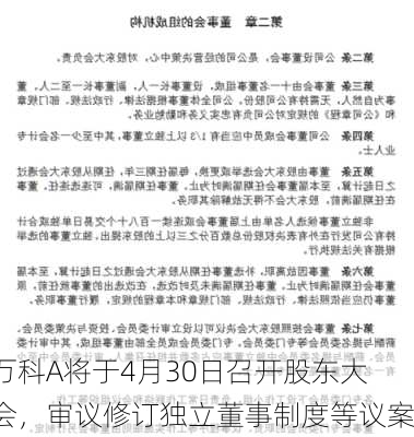 万科A将于4月30日召开股东大会，审议修订独立董事制度等议案