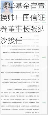 鹏华基金官宣换帅！国信证券董事长张纳沙接任