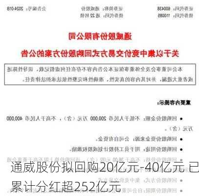 通威股份拟回购20亿元-40亿元 已累计分红超252亿元