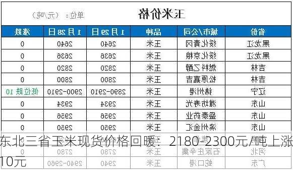 东北三省玉米现货价格回暖：2180-2300元/吨上涨10元