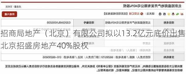 招商局地产（北京）有限公司拟以13.2亿元底价出售北京招盛房地产40%股权