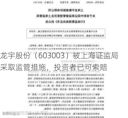 龙宇股份（603003）被上海证监局采取监管措施，投资者已可索赔