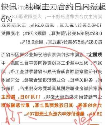 快讯：纯碱主力合约日内涨超6%