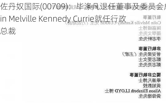 佐丹奴国际(00709)：毕涤凡退任董事及委员会成员，Colin Melville Kennedy Currie就任行政总裁