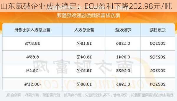 山东氯碱企业成本稳定：ECU盈利下降202.98元/吨