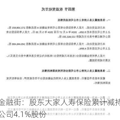 金融街：股东大家人寿保险累计减持公司4.1%股份