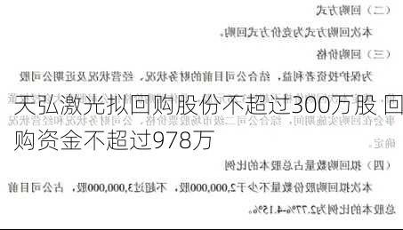 天弘激光拟回购股份不超过300万股 回购资金不超过978万