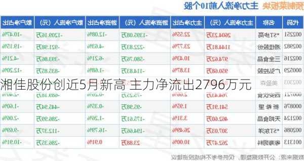 湘佳股份创近5月新高 主力净流出2796万元