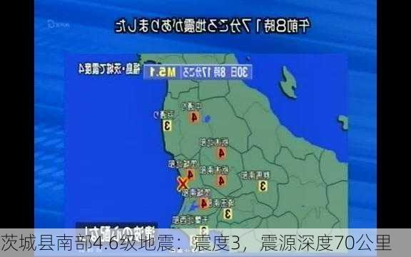 茨城县南部4.6级地震：震度3，震源深度70公里