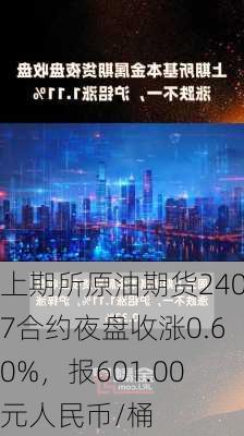 上期所原油期货2407合约夜盘收涨0.60%，报601.00元人民币/桶