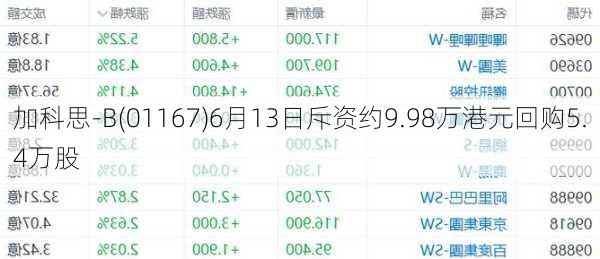 加科思-B(01167)6月13日斥资约9.98万港元回购5.4万股