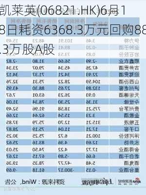 凯莱英(06821.HK)6月18日耗资6368.3万元回购88.3万股A股