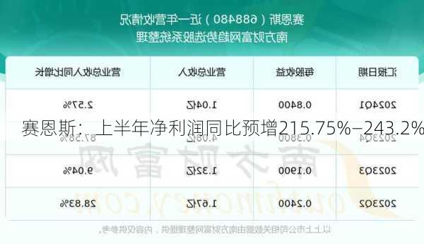 赛恩斯：上半年净利润同比预增215.75%―243.2%