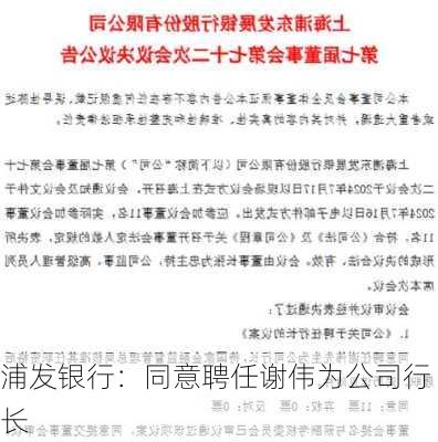 浦发银行：同意聘任谢伟为公司行长