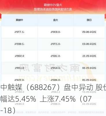 中触媒（688267）盘中异动 股价振幅达5.45%  上涨7.45%（07-18）