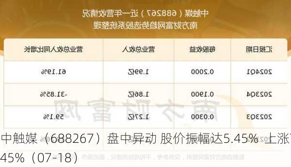 中触媒（688267）盘中异动 股价振幅达5.45%  上涨7.45%（07-18）