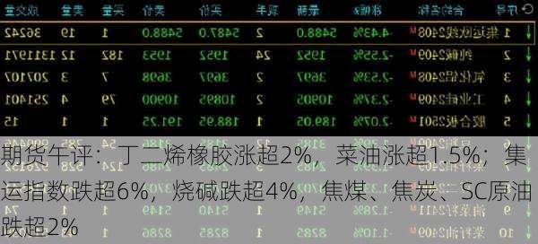 期货午评：丁二烯橡胶涨超2%，菜油涨超1.5%；集运指数跌超6%，烧碱跌超4%，焦煤、焦炭、SC原油跌超2%