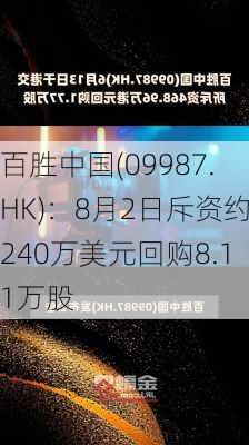 百胜中国(09987.HK)：8月2日斥资约240万美元回购8.11万股