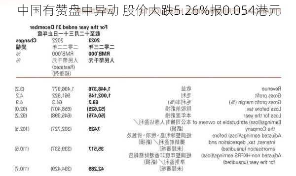 中国有赞盘中异动 股价大跌5.26%报0.054港元