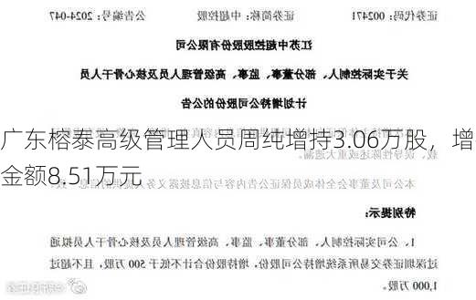 广东榕泰高级管理人员周纯增持3.06万股，增持金额8.51万元