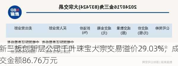 新三板创新层公司千叶珠宝大宗交易溢价29.03%，成交金额86.76万元