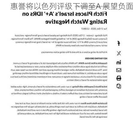 惠誉将以色列评级下调至A 展望负面