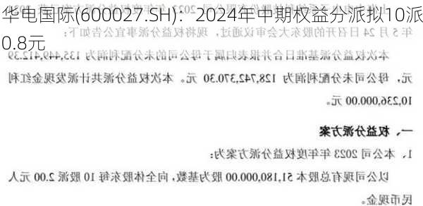 华电国际(600027.SH)：2024年中期权益分派拟10派0.8元