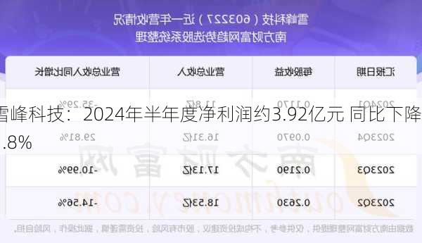 雪峰科技：2024年半年度净利润约3.92亿元 同比下降21.8%