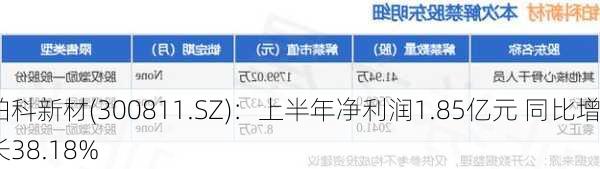 铂科新材(300811.SZ)：上半年净利润1.85亿元 同比增长38.18%