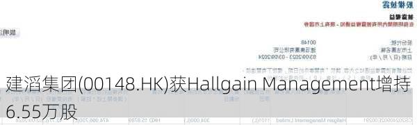 建滔集团(00148.HK)获Hallgain Management增持6.55万股