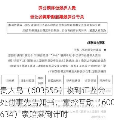 贵人鸟（603555）收到证监会处罚事先告知书，富控互动（600634）索赔案倒计时