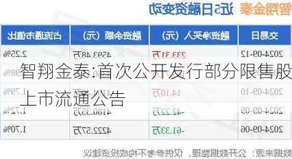 智翔金泰:首次公开发行部分限售股上市流通公告