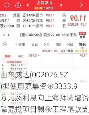 山东威达(002026.SZ)拟使用募集资金3333.9万元及利息向上海拜骋增资 保障募投项目剩余工程尾款支付