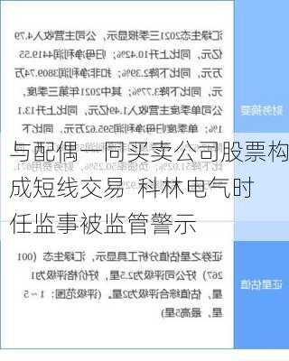 与配偶一同买卖公司股票构成短线交易  科林电气时任监事被监管警示