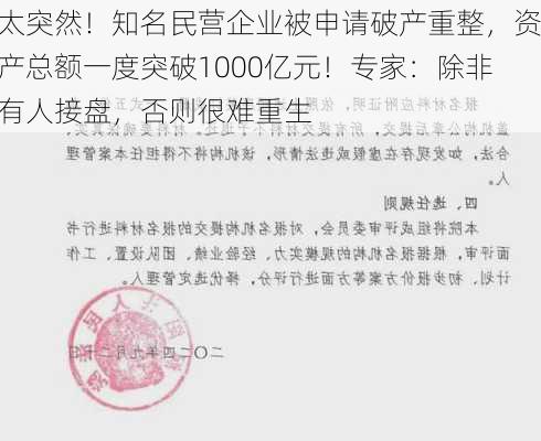 太突然！知名民营企业被申请破产重整，资产总额一度突破1000亿元！专家：除非有人接盘，否则很难重生