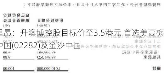 里昂：升澳博控股目标价至3.5港元 首选美高梅中国(02282)及金沙中国