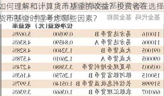 如何理解和计算货币基金的收益？投资者在选择货币基金时应考虑哪些因素？