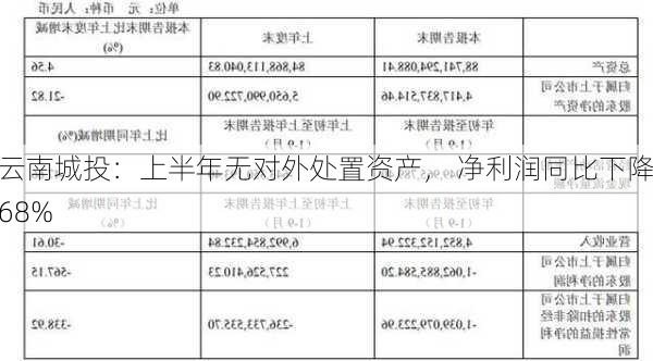 云南城投：上半年无对外处置资产， 净利润同比下降68%