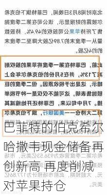 巴菲特的伯克希尔哈撒韦现金储备再创新高 再度削减对苹果持仓