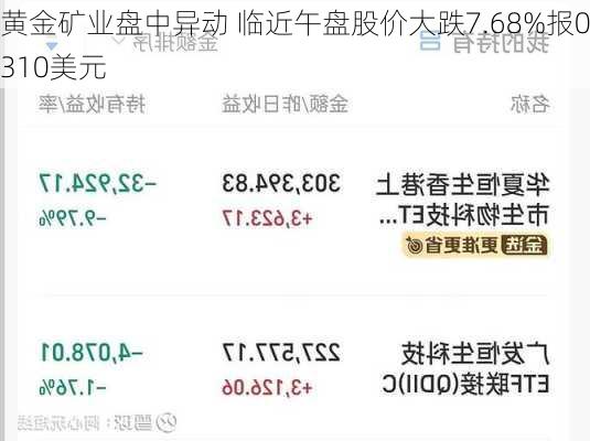 黄金矿业盘中异动 临近午盘股价大跌7.68%报0.310美元