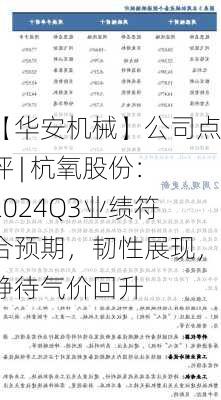 【华安机械】公司点评 | 杭氧股份：2024Q3业绩符合预期，韧性展现，静待气价回升