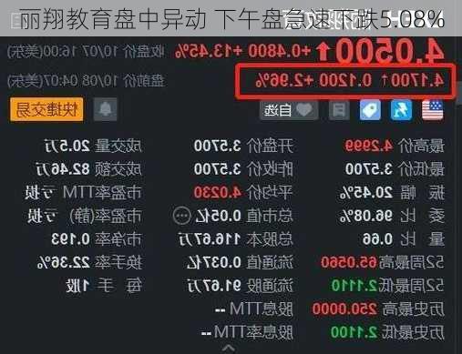 丽翔教育盘中异动 下午盘急速下跌5.08%