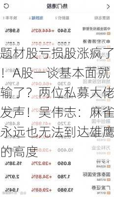 题材股亏损股涨疯了！A股一谈基本面就输了？两位私募大佬发声！吴伟志：麻雀永远也无法到达雄鹰的高度